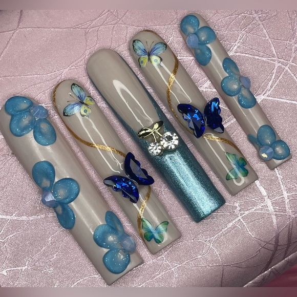 Handmade Other - 3XL square press on nails rhinestones acrylic flowers French tips butterflies